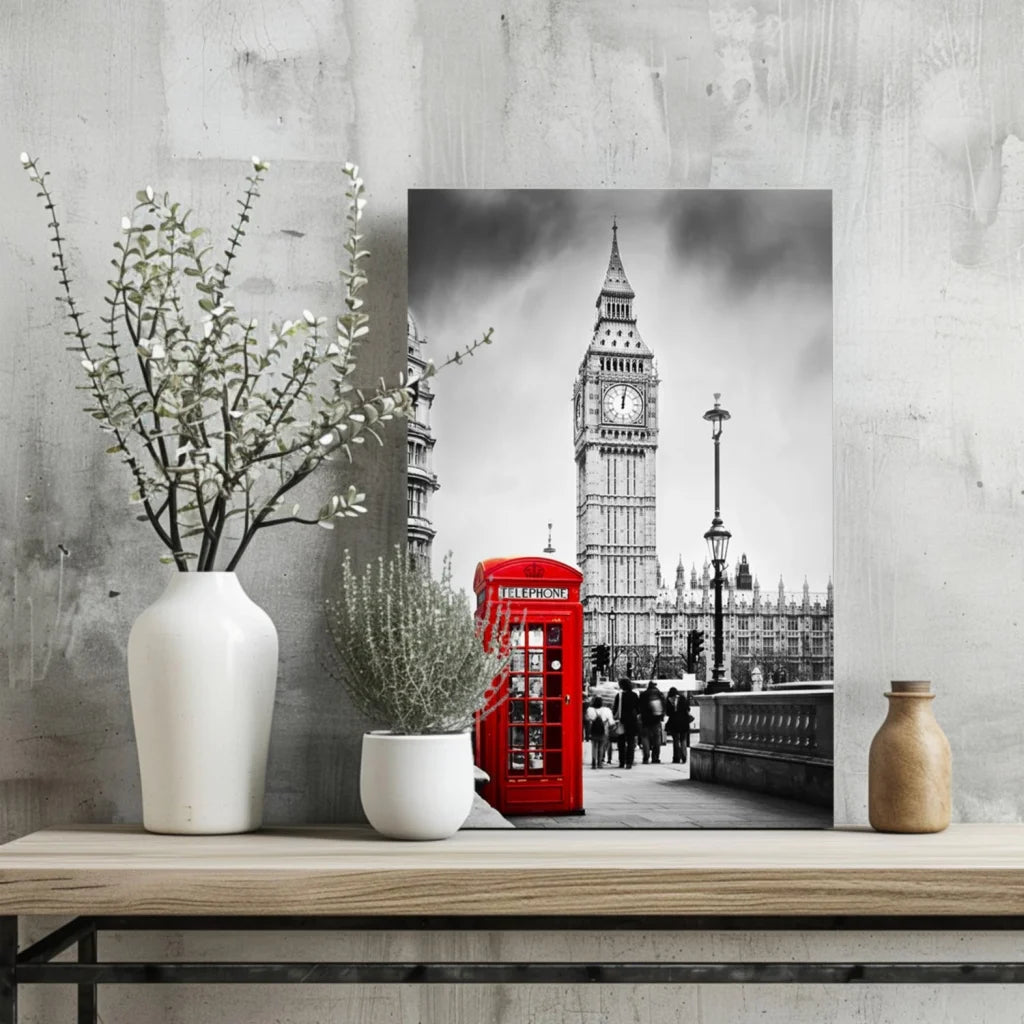 Vibrant red British phone booth canvas against Big Ben