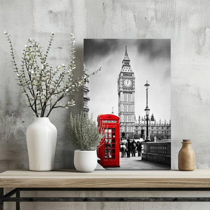 Vibrant red British phone booth canvas against Big Ben