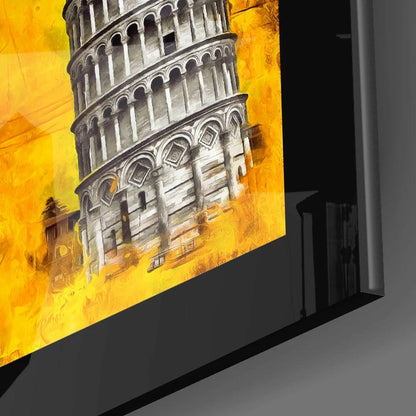 Black frame Leaning Tower of Pisa in bold yellow glass wall art