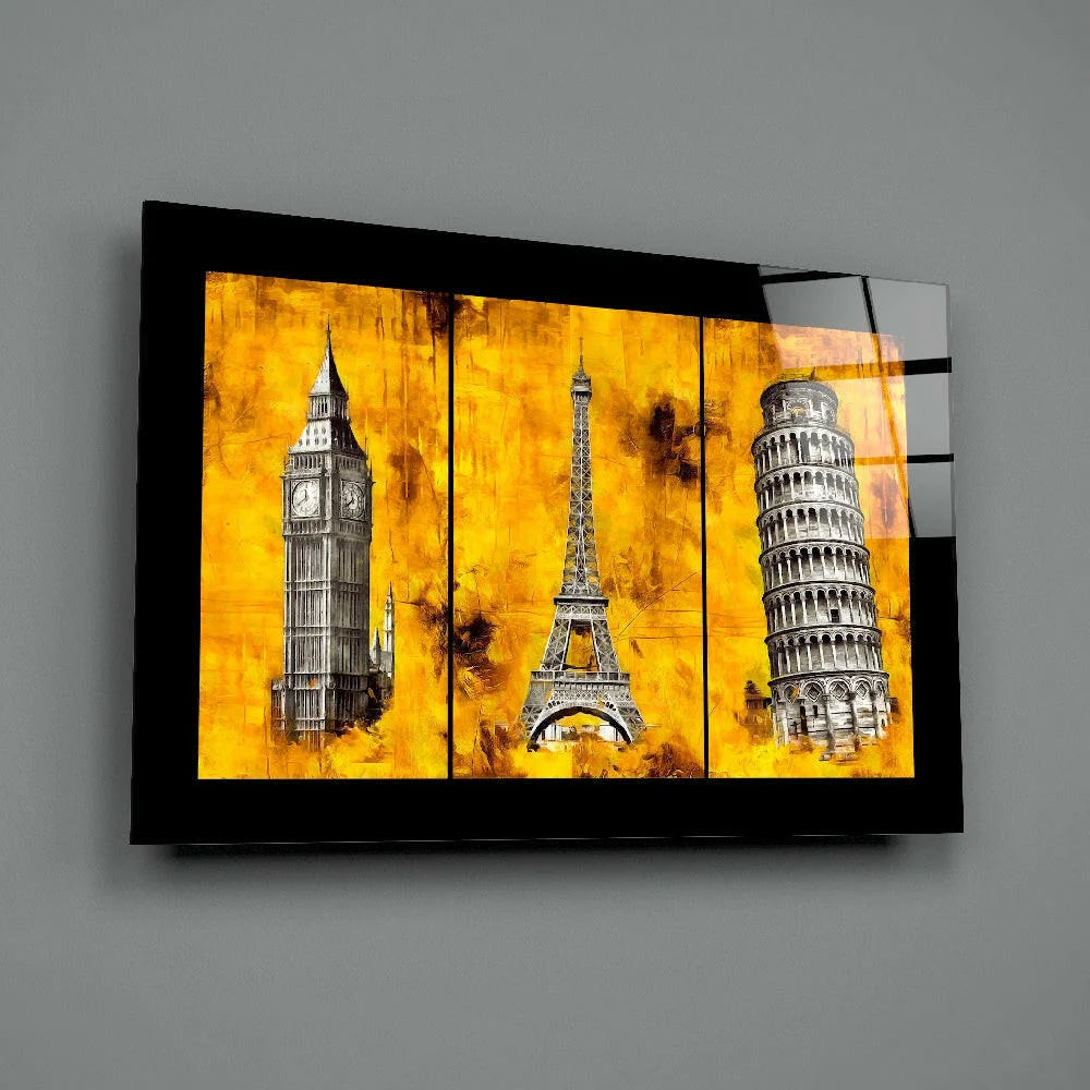 Bold yellow triptych glass wall art of Big Ben, Eiffel Tower and Leaning Tower of Pisa