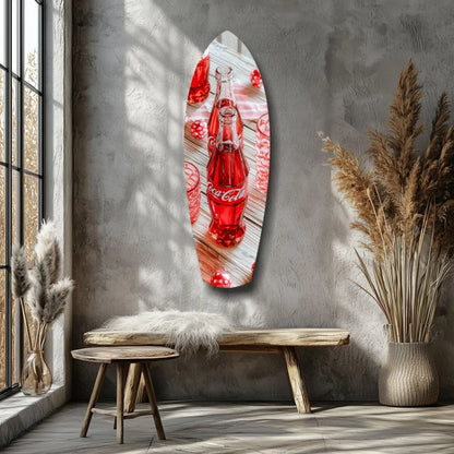 Red Coca-Cola bottle on surfboard tempered glass art mirror