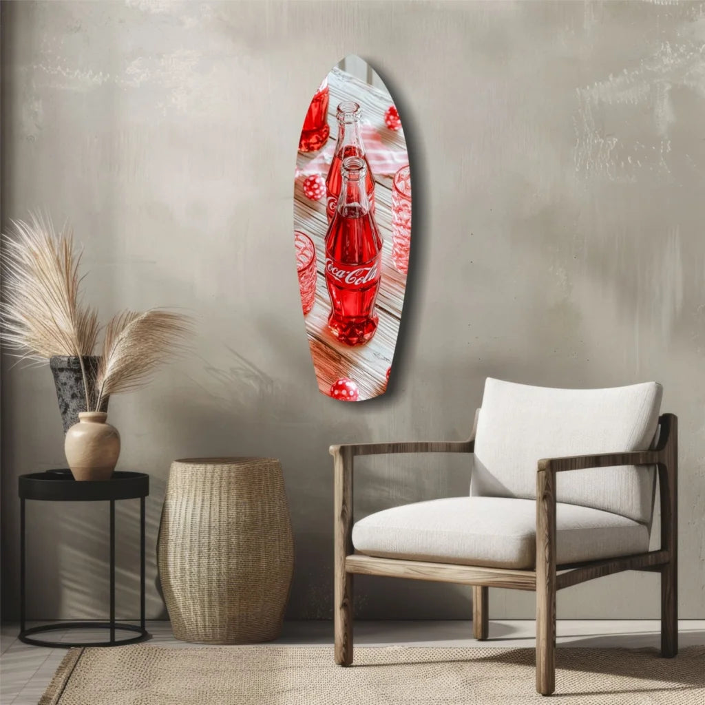Red Coca-Cola bottle-themed surfboard tempered glass art wall piece