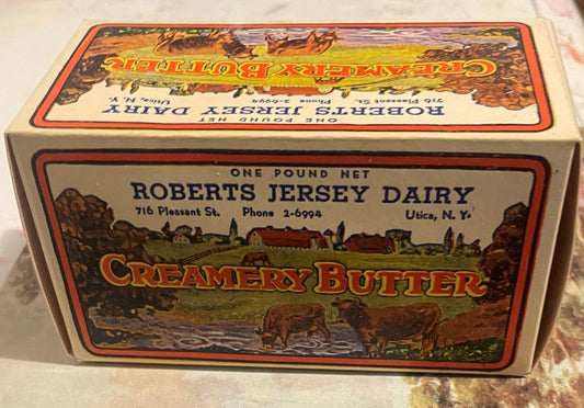 Vintage Roberts Jersey Dairy Creamery Butter Box 🐄 NOS 1930s–40s Utica, NY Pastoral Print American Made