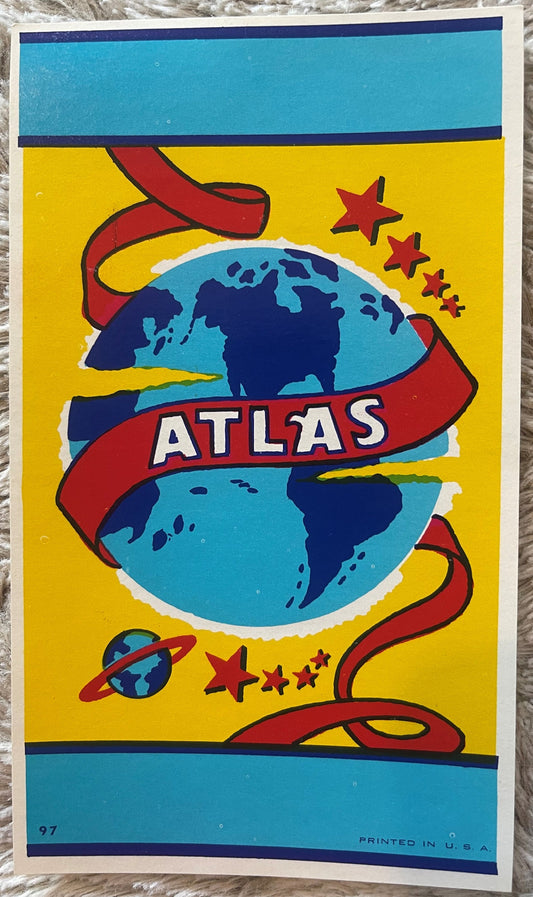 Vintage Atlas Broom Label NOS 1950s Space Age Atomic Globe Planets Stars Mid Century Modern Wall Art Decor 🧹