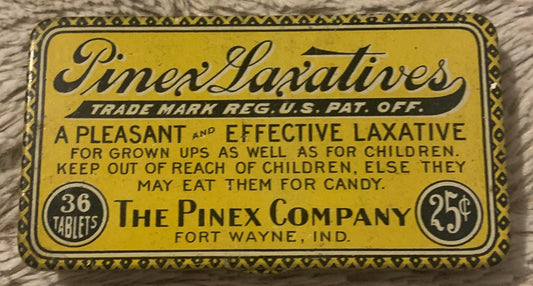 Antique Pinex Laxatives Medicine Tin 📌 Fort Wayne Indiana Pharmacy, 36 Tablets 25 Cent Advertising, Early 1900s Patent Medicine Collectible