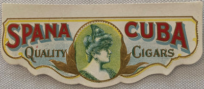 Antique Spana Cuba Quality Cigars cigar box label with woman's profile portrait in oval, ornate lettering, and brown decorati