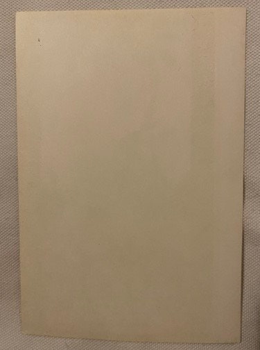 Blank cream-colored page of vintage chromolithograph label, photographed flat against textured background for scale