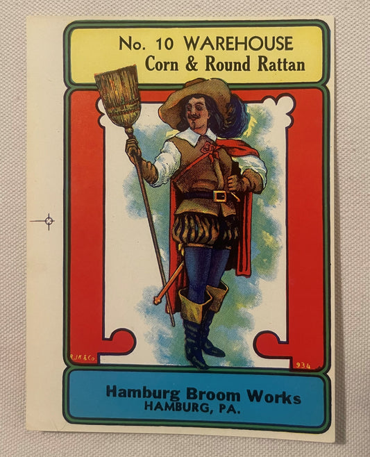 Antique Hamburg Broom Works No. 10 Warehouse Corn Round Rattan Broom Label Cavalier Lithograph Hamburg PA Early 1900s–1930s American Made 🧹