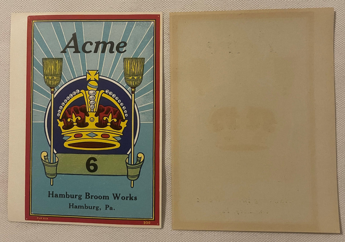 Vintage Acme No. 6 broom label featuring a gold crown with red interior and two brooms, Hamburg Broom Works Hamburg PA, shown