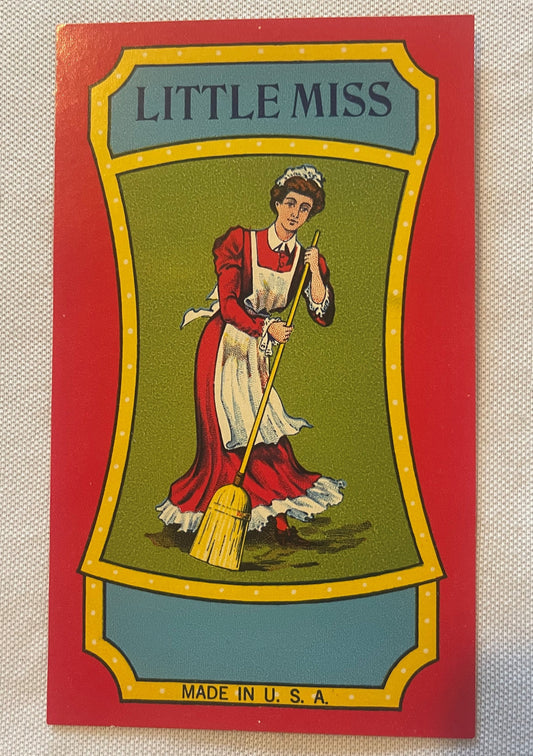 Antique Little Miss Broom Label 🧹 NOS Maid Sweeping in Red Apron Victorian Domestic Kitchen Art Made in USA
