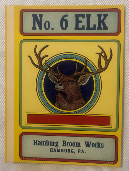 Vintage broom label featuring "No. 6 ELK" header with illustrated elk head in circular frame, yellow background, Hamburg Broo