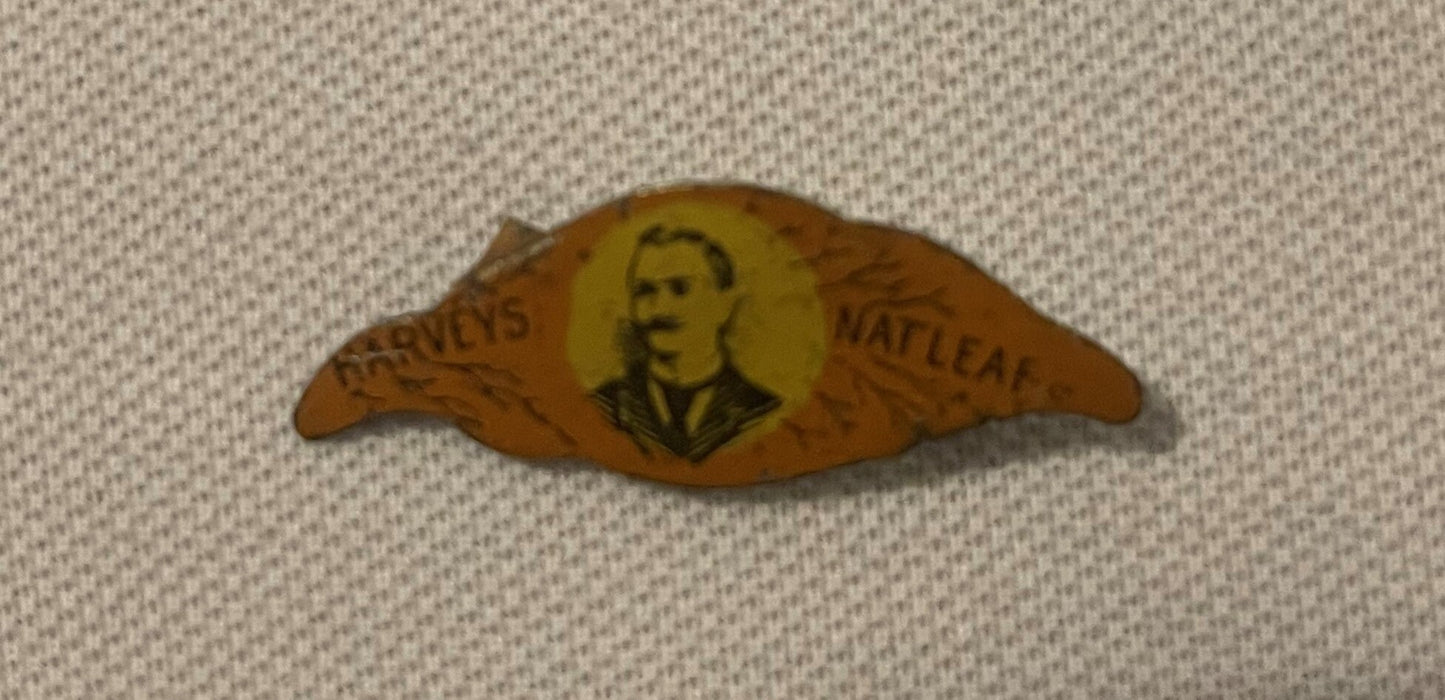 Antique Harveys Nat Leaf Tobacco Tin Tag 1870s 1910s Figural Leaf Shape Pin Back Advertising Collectible Tobacciana 🚬