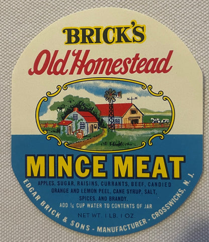 Circular vintage mince meat label with cream, yellow and blue sections featuring a farmhouse illustration and text reading "B