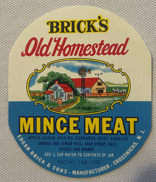 Antique Brick's Old Homestead Mince Meat Label 🏡 NOS 1920s Oval Farm Scene, Edgar Brick & Sons, Crosswicks NJ American Made