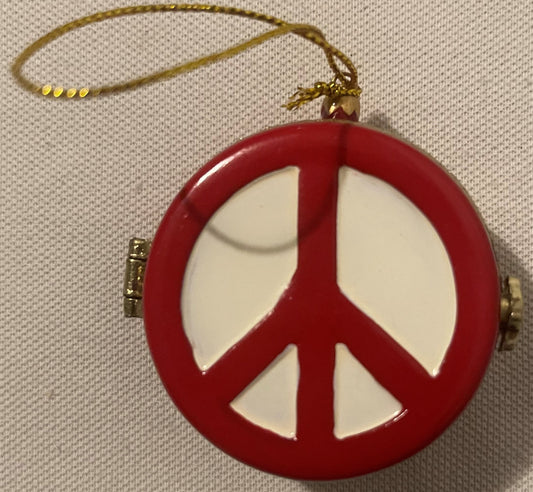 Vintage Red & White Porcelain Peace Sign Hinged Trinket Box Ornament, Surprise Ornament Locket Keepsake with Gold Clasp 🥫
