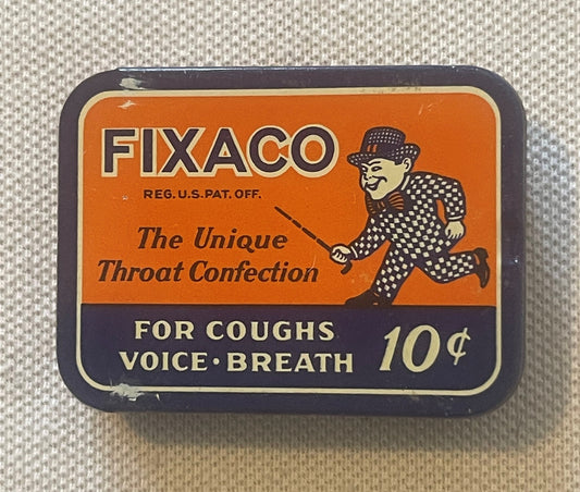Vintage FIXACO Throat Confection Tin - St. Louis Pharmacy Apothecary Collectible - Antique Cough Drop Advertising Tin 1930s-1940s 🥫