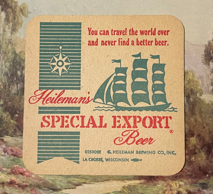Back of the coaster: Heileman's Special Export Beer in red with a green sailing ship and compass rose, G. Heileman Brewing Co., Inc., La Crosse, Wisconsin