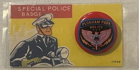 Vintage Plorham Park NJ Police 🚔 Tin Litho Special Police Badge Pin Error Misprint New Old Stock Made in Japan