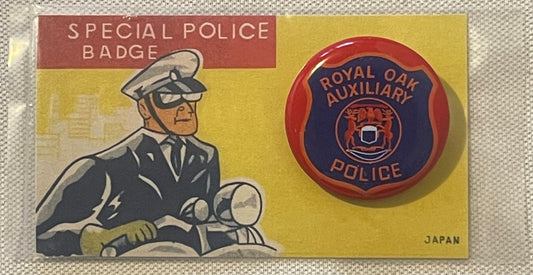 Vintage 1950s Royal Oak Auxiliary Police Tin Litho Toy Badge 🚔 NOS on Card Michigan Seal Made in Japan