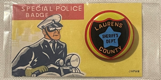 Vintage Tin Litho Special Police Badge 🌟 Laurens County Sheriff's Dept — 1950s Japan, Original Card
