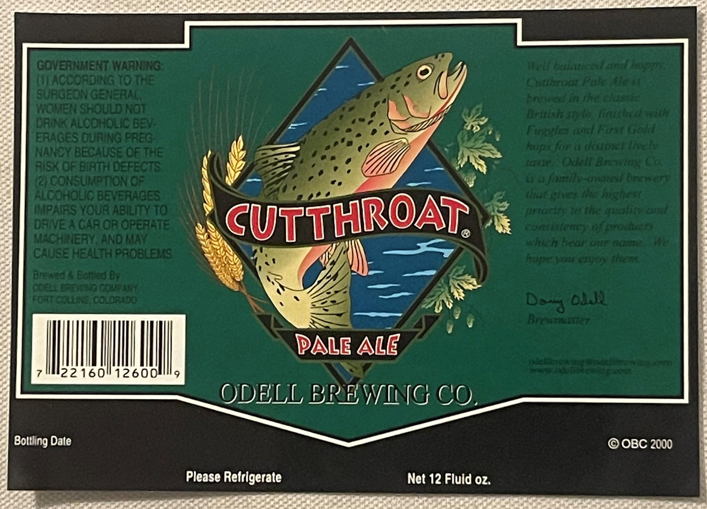 Vintage Odell Brewing Cutthroat Pale Ale Label 🎣 Fort Collins Colorado Craft Beer Collectible NOS 2000 American Made
