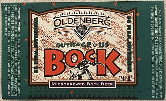 Vintage Oldenberg Brewing Company Outrageous Bock Beer Label Fort Mitchell Kentucky Microbrewed Bock Beer Collector Label 1990s 🍺