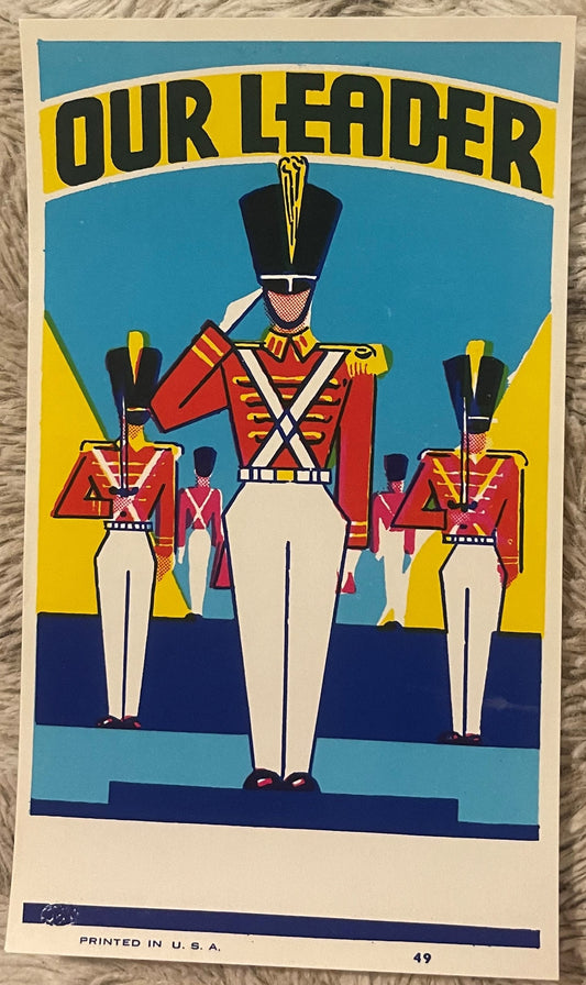 Vintage Our Leader Toy Soldier Broom Label 1930s-1940s Art Deco Marching Band Chromolithograph NOS Advertising Art 🧹