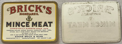 Front and back of vintage Brick's Nonpareil Mince Meat tin label, 5 lb size, from Edgar Brick & Sons, Crosswicks NJ, showing 