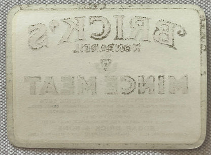 Brick's Nonpareil Mince Meat Label 5 LB SIZE, reverse: the blank back of the label in cream stock, with the printing from the front showing through the paper in mirror image