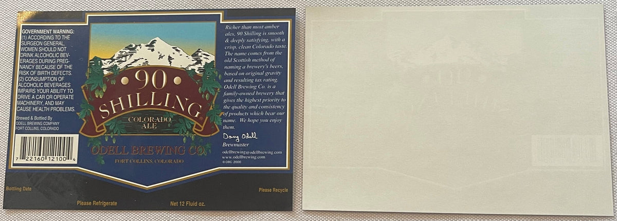 Front and back of the 90 Shilling label: the printed face beside its blank back
