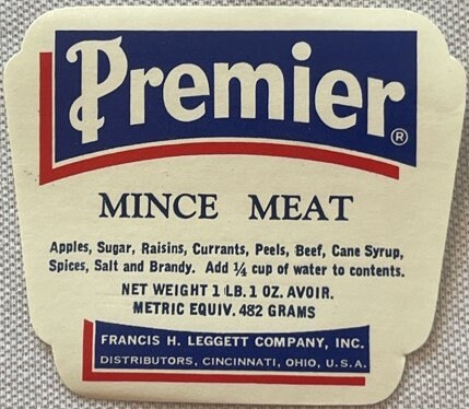 Vintage Premier Mince Meat can label with navy and red branding, ingredient list, and Cincinnati distributor text on cream ba