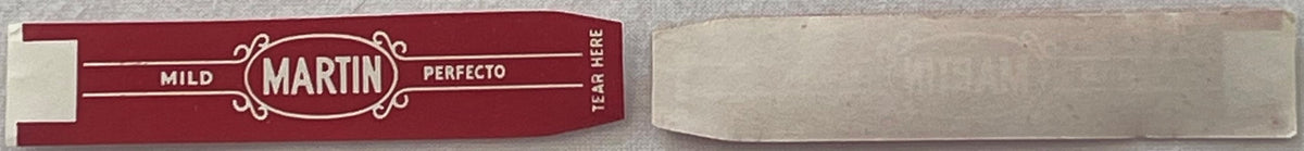 Vintage Martin Mild Perfecto cigar band label in burgundy red with cream decorative oval center, shown flat against light bac