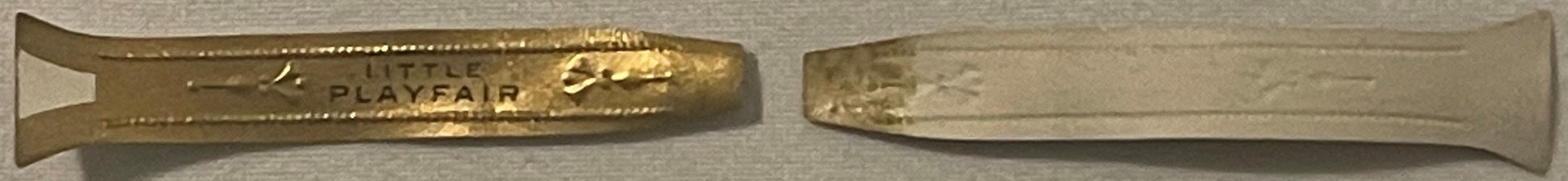 Two views of a gold foil cigar band embossed with "Little Playfair" text, shown front and back against neutral background