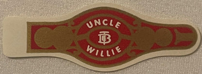 Vintage Uncle Willie cigar band with red and tan design, white lettering, and "T.E. Brooks & Co., Red Lion PA" marking on tex