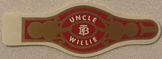 Vintage Uncle Willie cigar band with red and tan design, white lettering, and "T.E. Brooks & Co., Red Lion PA" marking on tex