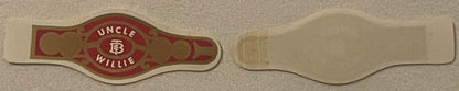 Antique cigar band with red and gold Uncle Willie logo on tan background, shown front and back views