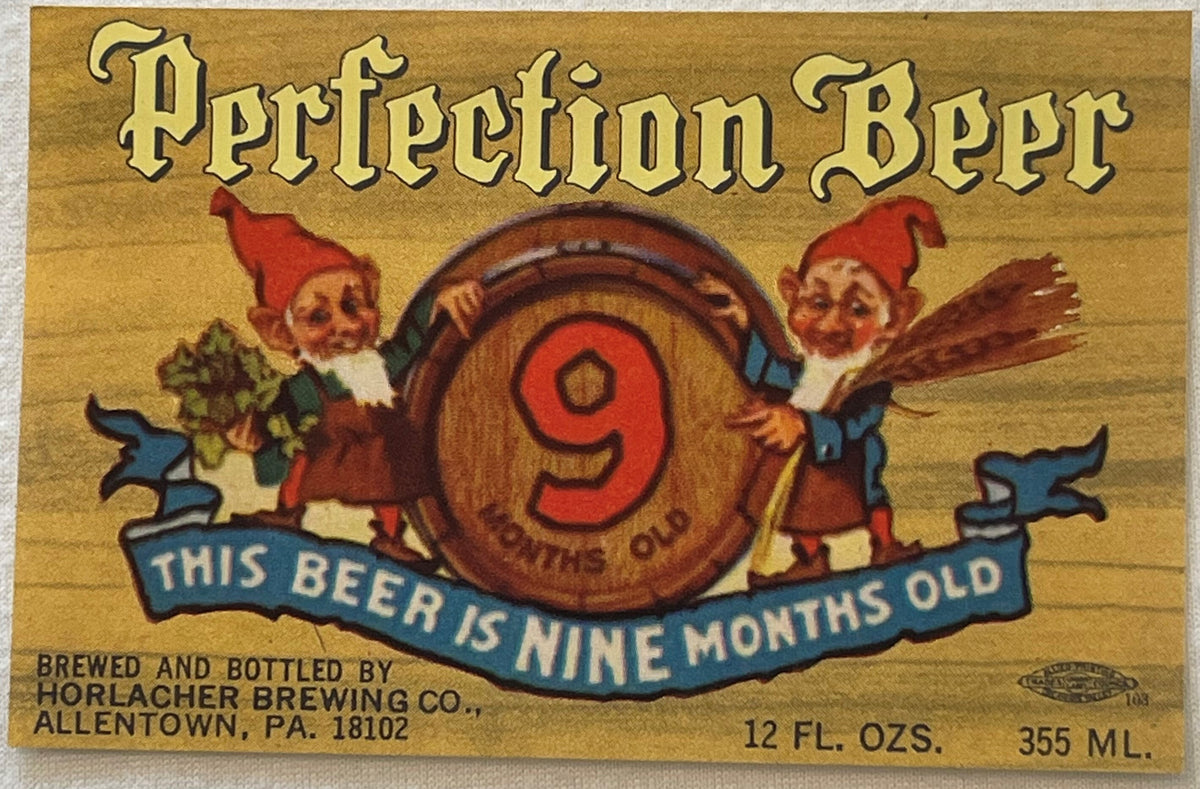 Vintage beer label with gold background, red gnomes holding a barrel marked "9", blue banner