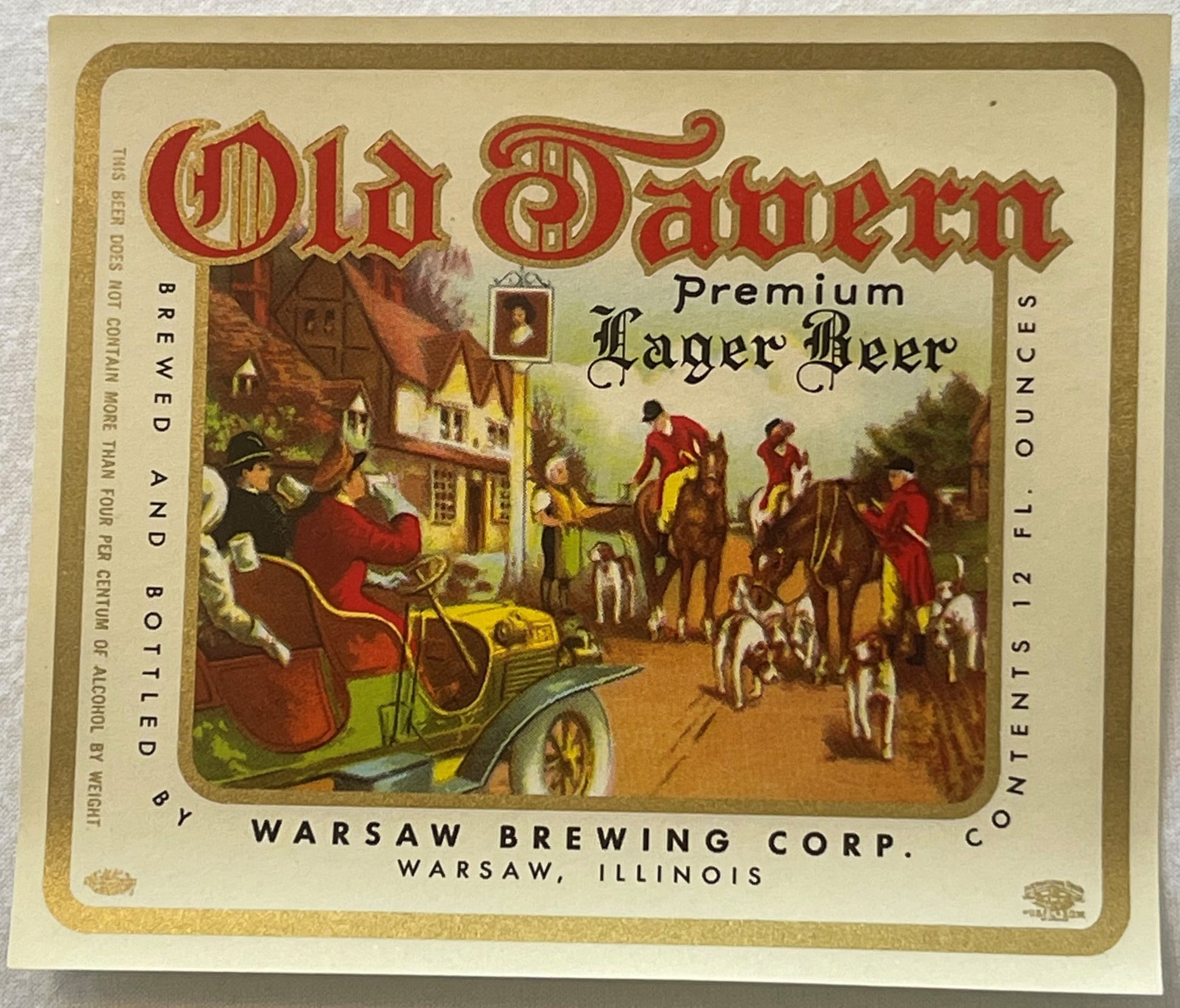 Vintage beer label for Old Tavern Premium Lager from Warsaw Brewing Corp, Warsaw Illinois, featuring red gothic lettering and