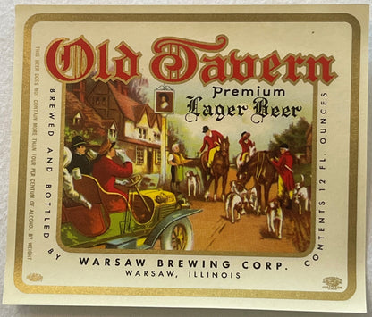 Vintage beer label for Old Tavern Premium Lager from Warsaw Brewing Corp, Warsaw Illinois, featuring red gothic lettering and