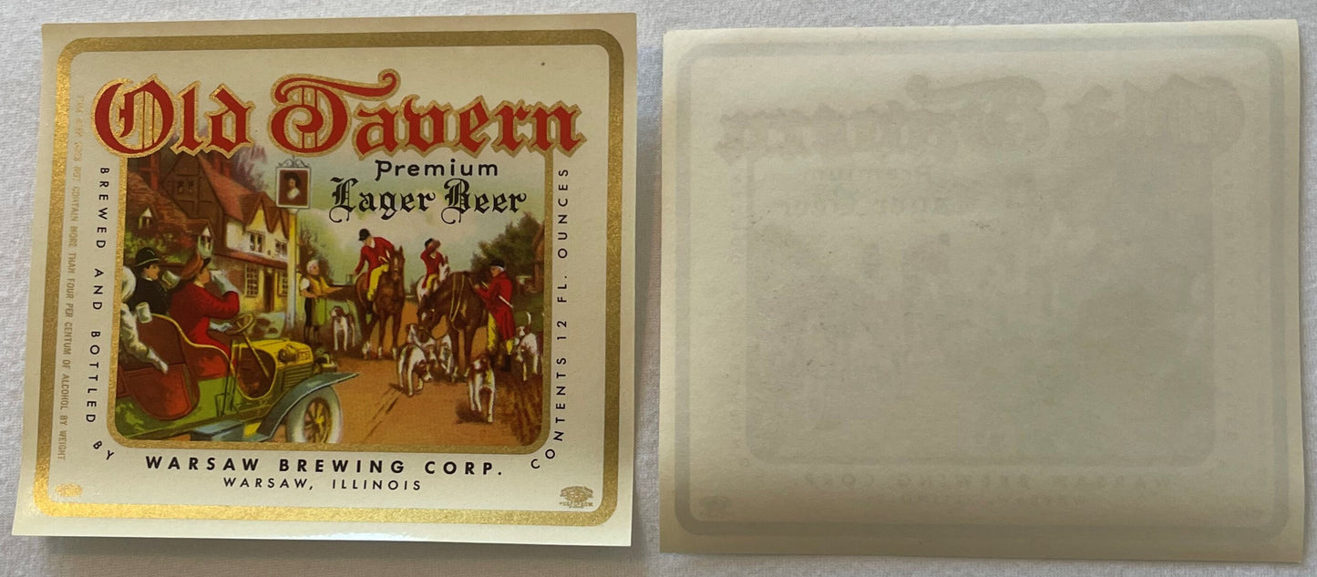 Vintage Old Tavern Premium Lager Beer label from Warsaw Brewing Corp, Illinois, showing front and back sides with gold border