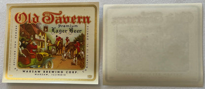 Vintage Old Tavern Premium Lager Beer label from Warsaw Brewing Corp, Illinois, showing front and back sides with gold border