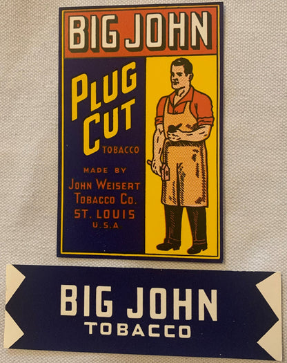 Antique Big John Plug Cut tobacco label and tag set from John Weisert Tobacco Co, St. Louis, featuring orange and yellow desi