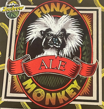 Close-up of the upper Funky Monkey Ale label: a cotton-top tamarin with a long white swept-back crest and dark face, in a black oval ringed red, FUNKY arched above in yellow, a red ALE banner below. Top left roundel: THE DENVER ZOO'S Zoobrew.