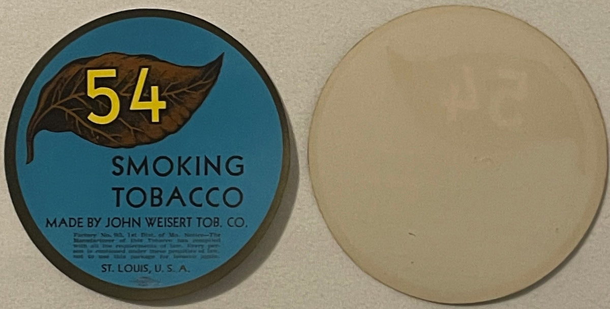 Round tobacco label with blue background, brown leaf illustration, yellow "54" text, and "SMOKING TOBACCO MADE BY JOHN WEISER