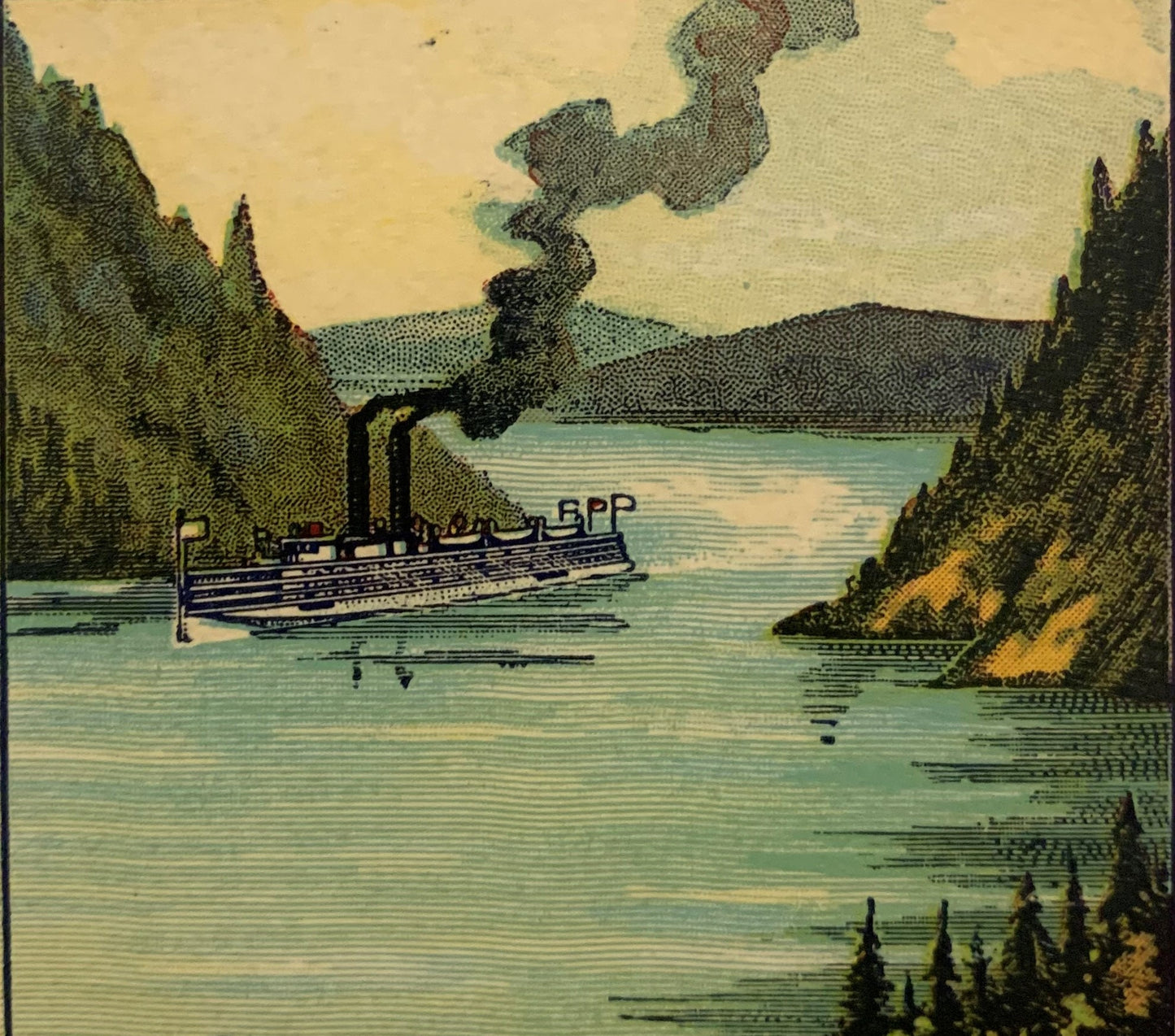 Vintage steamboat label showing a paddle wheeler with "BPP" marking traveling through a forested river canyon with mountains,