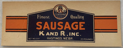 Vintage meat packing label for K and R Inc sausage from Hastings, Nebraska, featuring orange and black design with Countrymai