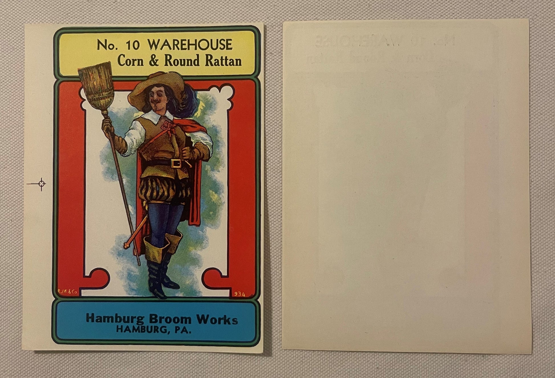 Antique broom label featuring a man in brown outfit holding a broom, yellow header, red border, blue footer with Hamburg Broo