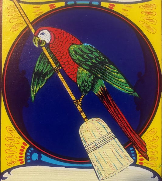 Vintage Parrot Broom Label 1950s NOS Tropical Macaw Advertising Art Colorful Wall Decor Kitchen Laundry Room Ephemera 🧹