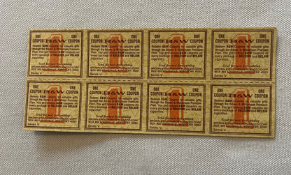 Uncut sheet of 8 vintage B&W cigarette coupons printed in tan and orange, arranged in two rows of four, each labeled "Series 