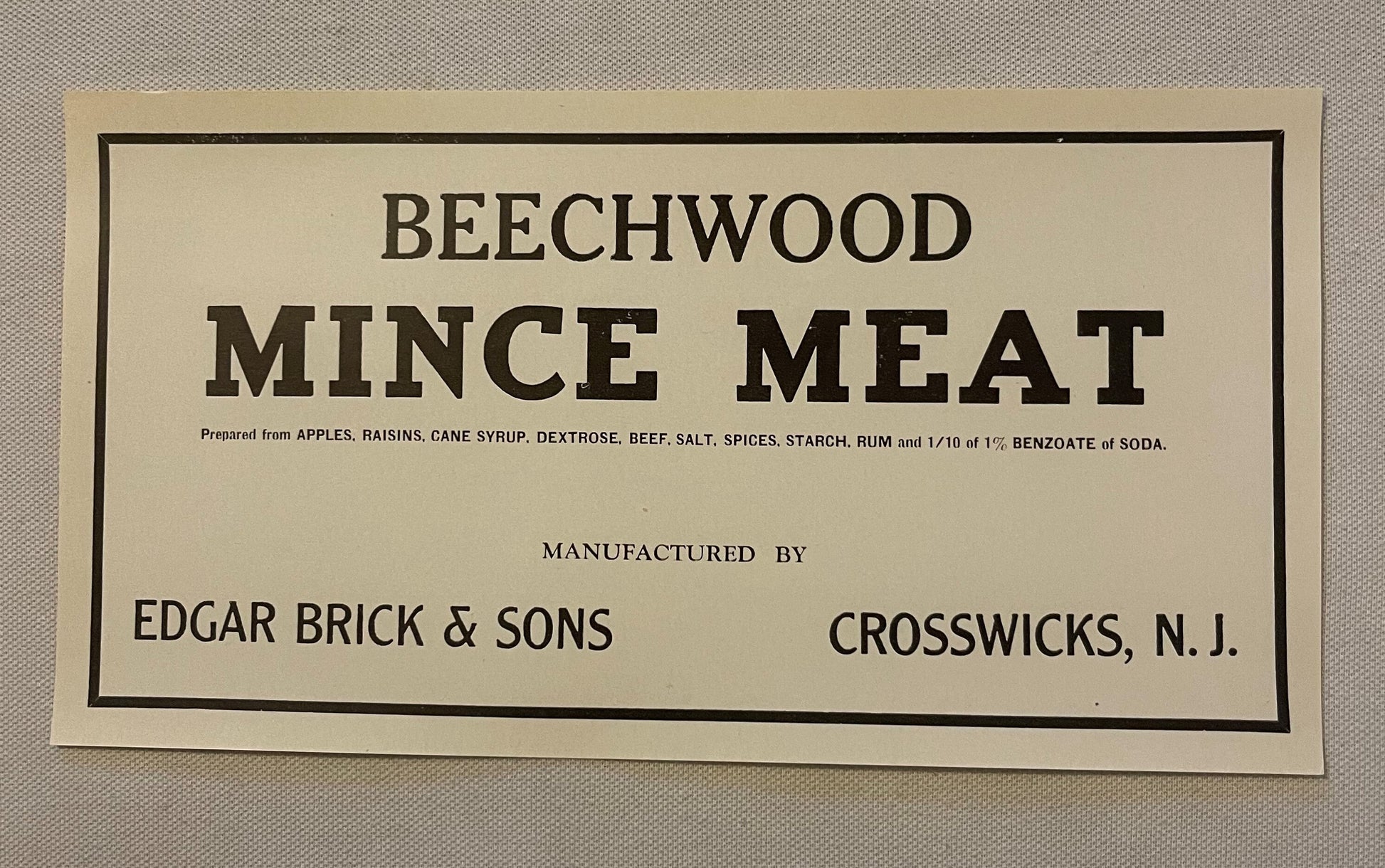 Vintage cream-colored label with black border and text reading "Beechwood Mince Meat" manufactured by Edgar Brick & Sons
